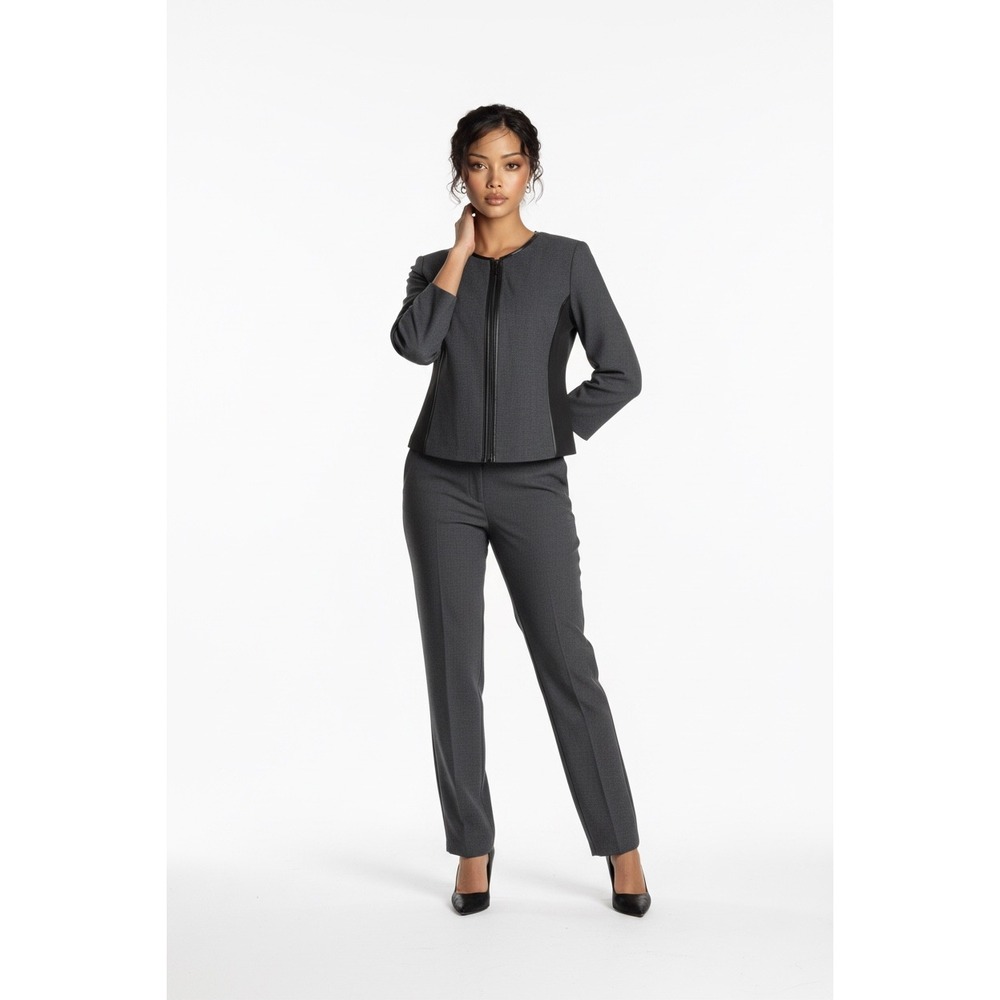 Tahari Women's Grey Faux Leather Trim Zip Front Blazer Jacket 3/4 Sleeve